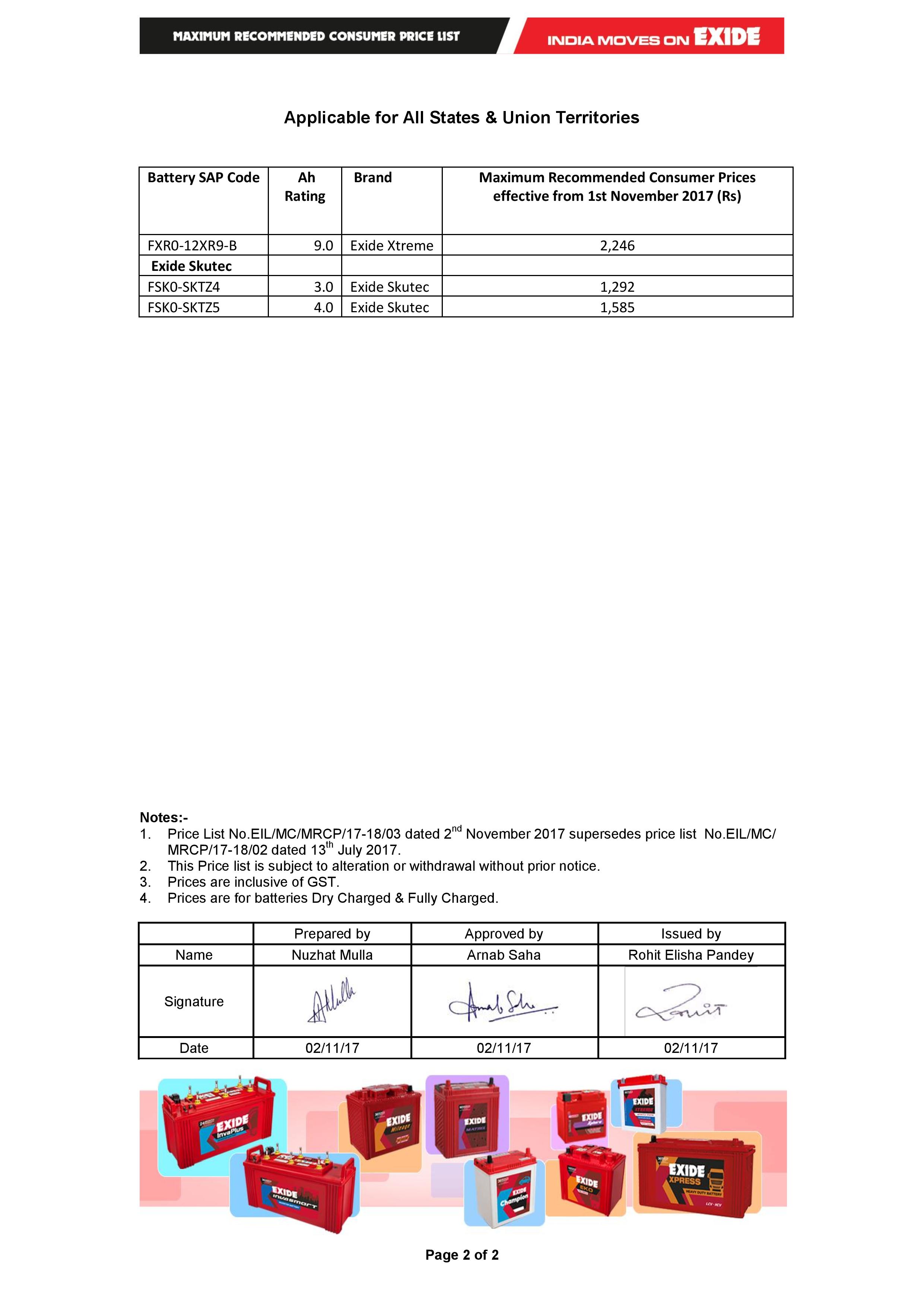 Exide Battery Rate List